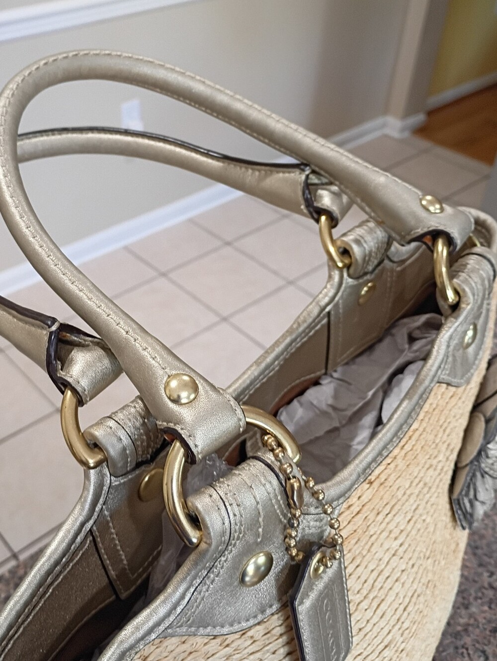Coach Natural Straw Tote with Metallic Gold Trim and Floral Applique - Picture 15 of 16